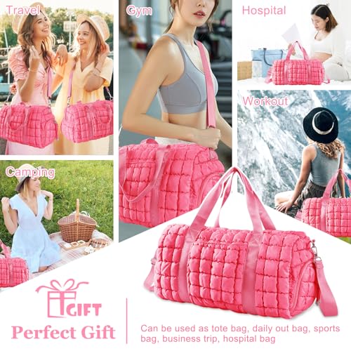 Quilted Travel Duffle Bag Gym Bag for Women,Large Puffer Duffle Weekender Bag with Compartment,Workout Overnight Carry on Organizer Bag Duffle Bag for Airplane Travel(Pink) by XSUIOY - Used condition - Image 7