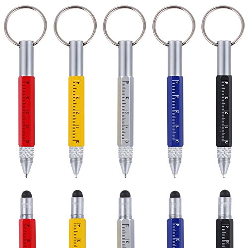 Shulaner 6 in 1 Small Metal Tech Tool Ballpoint Pens with Key Ring, Ruler, Stylus and Two-head Screwdriver, Multi functional Tool Fits for Mens or Women, Pack of 5