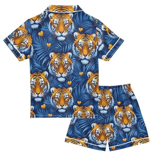 ALAZA Tiger Blue Plam Leaf Satin Pajamas Set Short Sleeve Button Down Sleepwear Summer Pjs 2 Piece2