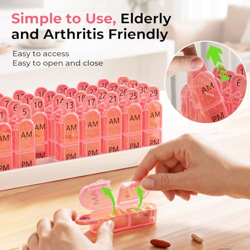 Image of Daviky Monthly Pill Organizer 2 Times a Day - 30 Day Pill Box AM PM, BPA Free One Month Medicine Organizer Twice Daily, 31-Day Case to Hold Vitamins, Supplements & Medication, Pink