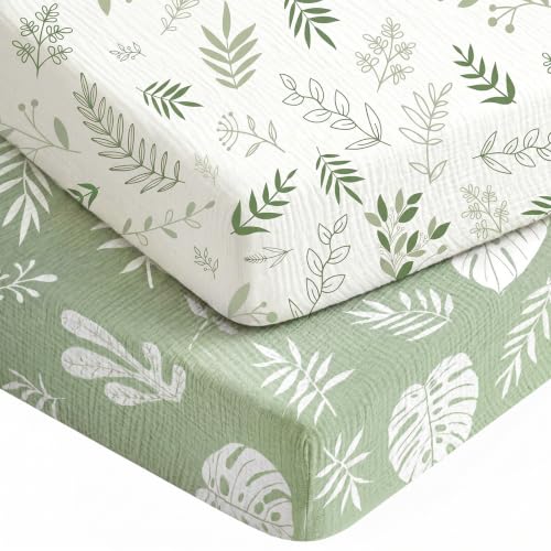 Trooer 2 Pack Baby Muslin Crib Sheets for Boys Girls 52" x 28" (Green Leaf)