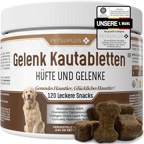 PETSUPLUS Gelenktabletten Hund mit Grünlippmuschel Hund, Hunde Gelenk Supplement Tabletten, Glucosamin MSM Chondroitin Kollagen Hyaluronsäure, stärkt Gelenke -120 Kautabletten