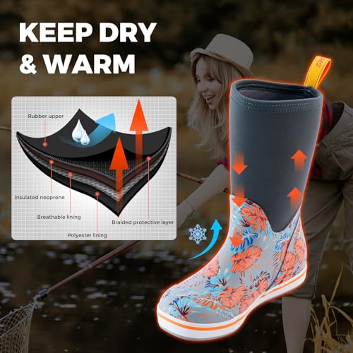 Showave Women's Deck Boots Mid Calf Rain Boots Waterproof Non-slip Insulated Rubber Boots Durable Mud Boots for Cold Day3