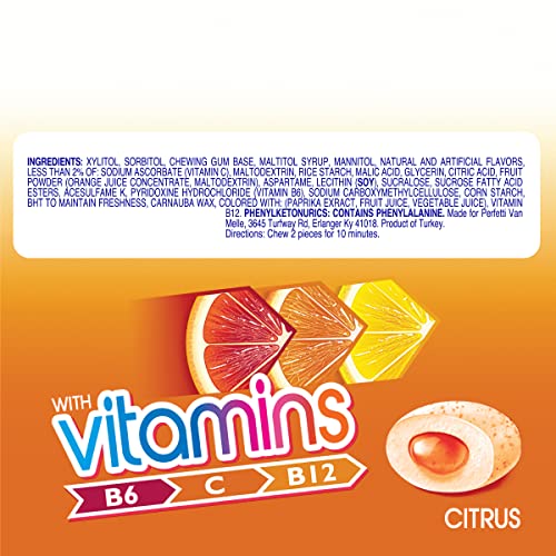 Image of Mentos Gum with Vitamins, Sugar Free Chewing Gum with Xylitol, Citrus Flavor, Vitamins B6, B12 and C, Bottle of 45 (Bulk Pack of 4)