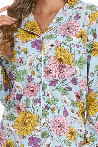 Image of LUBOT 100% Cotton Pajamas for Women Pajama Set 2 Piece PJ Sleepwear Set Soft Ladies Button Knit Long Sleeve Loungewear XS-XXL