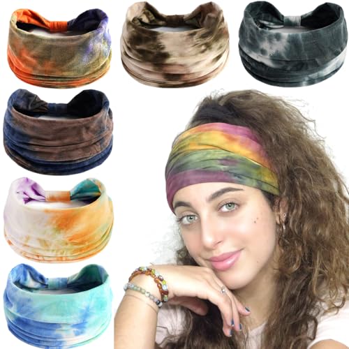 6PCS Diademas para Mujeres Pañuelos Boho Anchos Bandanas Antideslizantes Accesorios Elásticos para el Pelo Turbantes Anudados Adulto (Tie Dye Hairband)
