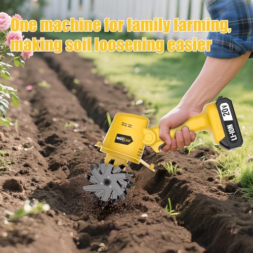Muylux 20V Cordless Tiller Cultivator for Gardening, Electric Garden Tiller with 2 x 2.0Ah Batteries & Charger, Garden Rototiller for Lawn Gardening Soil Cultivation, Yellow
