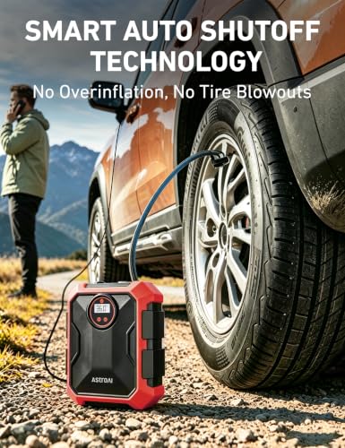 Image of AstroAI Tire Inflator Portable Air Compressor 12V DC 100PSI, Integrated Storage, Digital Gauge, Auto Shut-Off Fast Inflation LED Light, Air Pump for Car Tires Bike Motorcycle Other Inflatables, Red