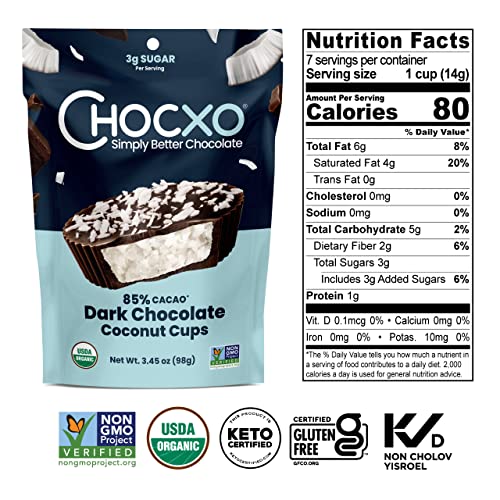 Chocxo Dark Chocolate Coconut Cups - Truly Indulgent, Low In Real Sugar, Organic, Non-Gmo, Keto Certified, Certified Gluten Free And Kosher, No Artificial Sweeteners Or Sugar Alcohols, Decadent 85% Cacao Dark Chocolate With Rich & Creamy Coconut Center, 3.45Oz/98 G (Pack Of 4) #TOP5