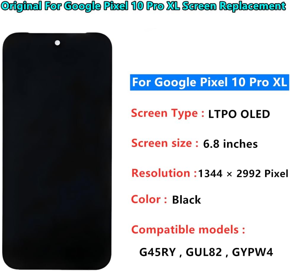 Original for Google Pixel 10 Pro XL Screen Replacement Pixel10 Pro XL 5G G45RY GUL82 GYPW4 Display Touch Screen Digitizer Assembly with Fingerprints and Tools.