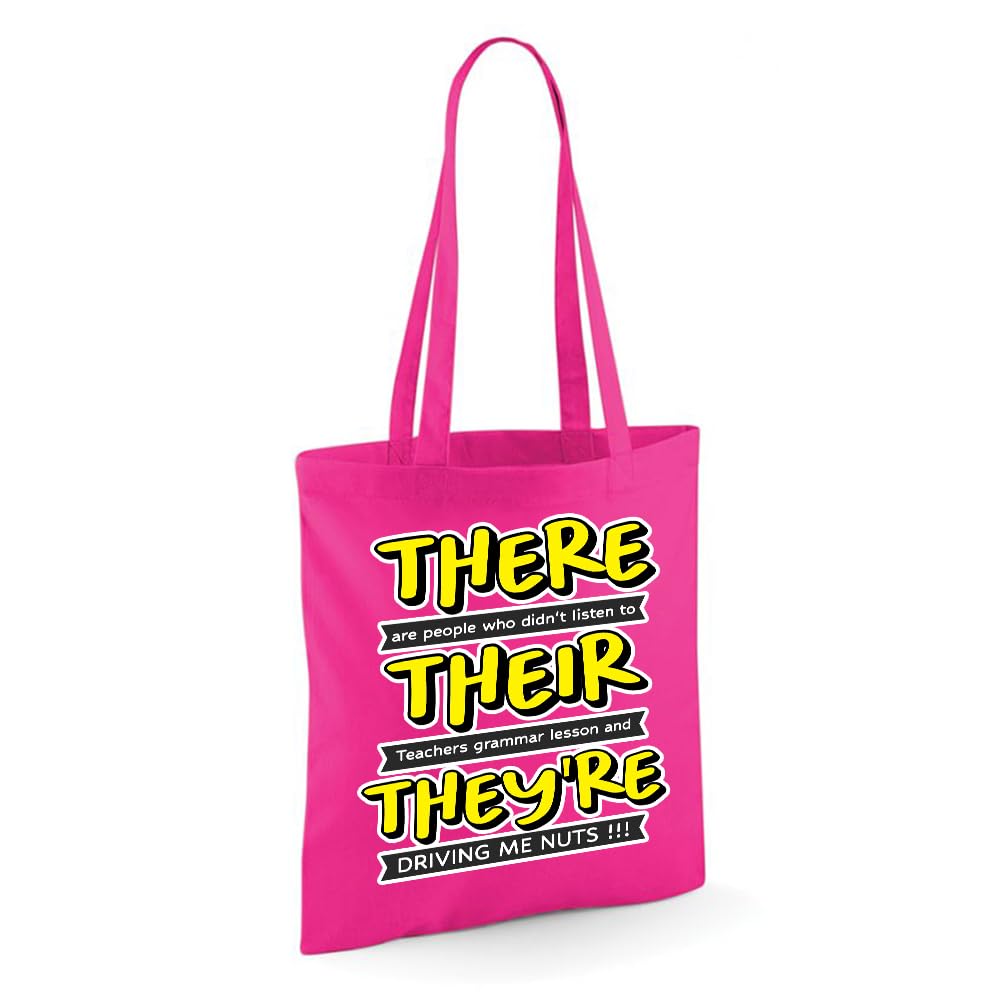 Getagift There, Their, They're, English Grammar Teacher Gift, Reusable Bag, Shopping Bag, Tote Bag. (Fuchsia)
