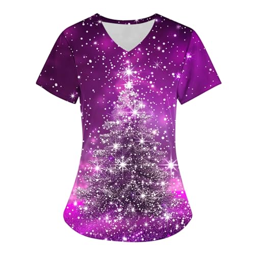 RLEHJN Christmas Scrub Tops for Women Nurse Holiday Healthcare Uniform Xmas V Neck Tunic Tops Tees Christmas Printed Short Sleeve T Shirt Casual Nursing Tops with Pockets S-XXL