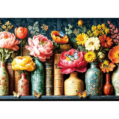 Rompecabezas de 2000 piezas para adultos – Jarrones vintage con flores coloridas y mariposas, floral elegante para amantes de flores y decoración del hogar, 39" x 28"