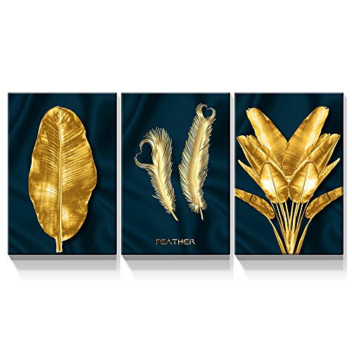Laoife Gold Canvas Wall Art 3 Pieces 12x18 Inch Gold Feather Giclee Print on Canvas,Wall Art Print Decor