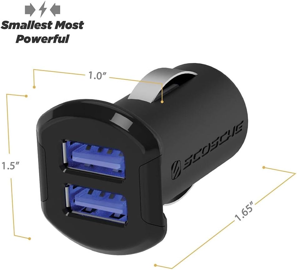 Scosche USBC242M ReVolt Universal Cigarette Lighter Multi Device Compact Dual Port USB Car Charger, Fast Charge Two Devices Simultaneously, Black XL