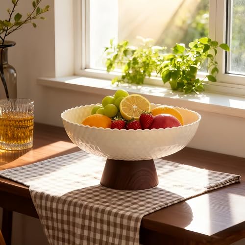 Uwenkjie Fruit Bowl, Imitation Wood Grain Decorative Base Bowl, Fruit Tray with high Base Bracket, Suitable for Kitchen Bread, Snacks, fruitsetc.White