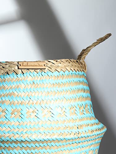 Image of Habere India-All The Cultures Fabricating India Wicker Basket For Plants | Seagrass Baskets Home Decor | Bamboo Storage Organiser | Bamboo Planter Baskets Cylindrical (L) - Blue (Dia 35 x H35 cm)