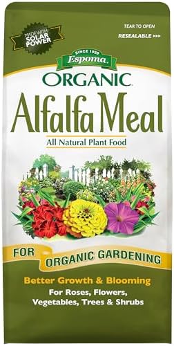 Espoma Organic Alfalfa Meal Fertilizer 2-0-2. All-Natural Plant Food Source of Nitrogen and Potassium for Organic Gardening. Use for Roses, Flowers, Veggies, Trees & Shrubs. 3 lb. Bag.