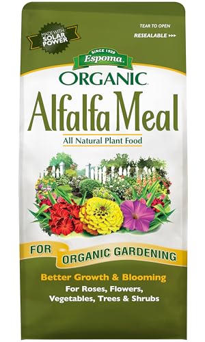 Espoma Organic Alfalfa Meal Fertilizer 2-0-2. All-Natural Plant Food Source of Nitrogen and Potassium for Organic Gardening. Use for Roses, Flowers, Veggies, Trees & Shrubs. 3 lb. Bag.