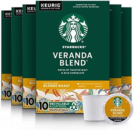 Starbucks K-Cup Coffee Pods—Starbucks Blonde Roast Coffee—Veranda Blend for Keurig Brewers—100% Arabica—6 boxes (60 pods total)