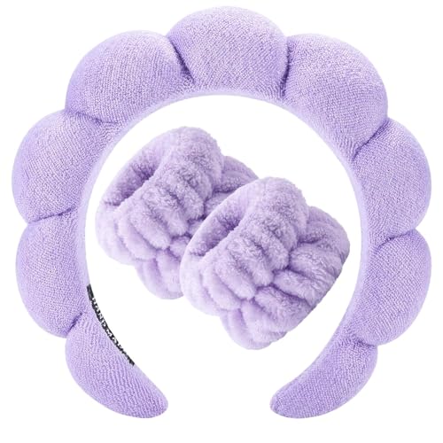 Image of Spa Headband and Wristband Set, Face Wash Headband Makeup Skincare Headband Wrist Bands Washing Face for Preppy Skincare Women Girl (Spa Headband - Perple)
