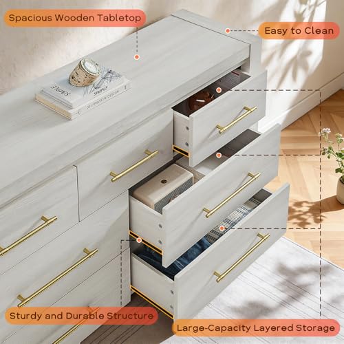 Image of 7 Drawer Dresser for Bedroom, 57.4 inch Wide Modern Chest of Drawers, Wooden Large Storage Cabinet with Sturdy Construction, TV Stand for Living Room, Hallway, Dining Room, Office (Cream White)