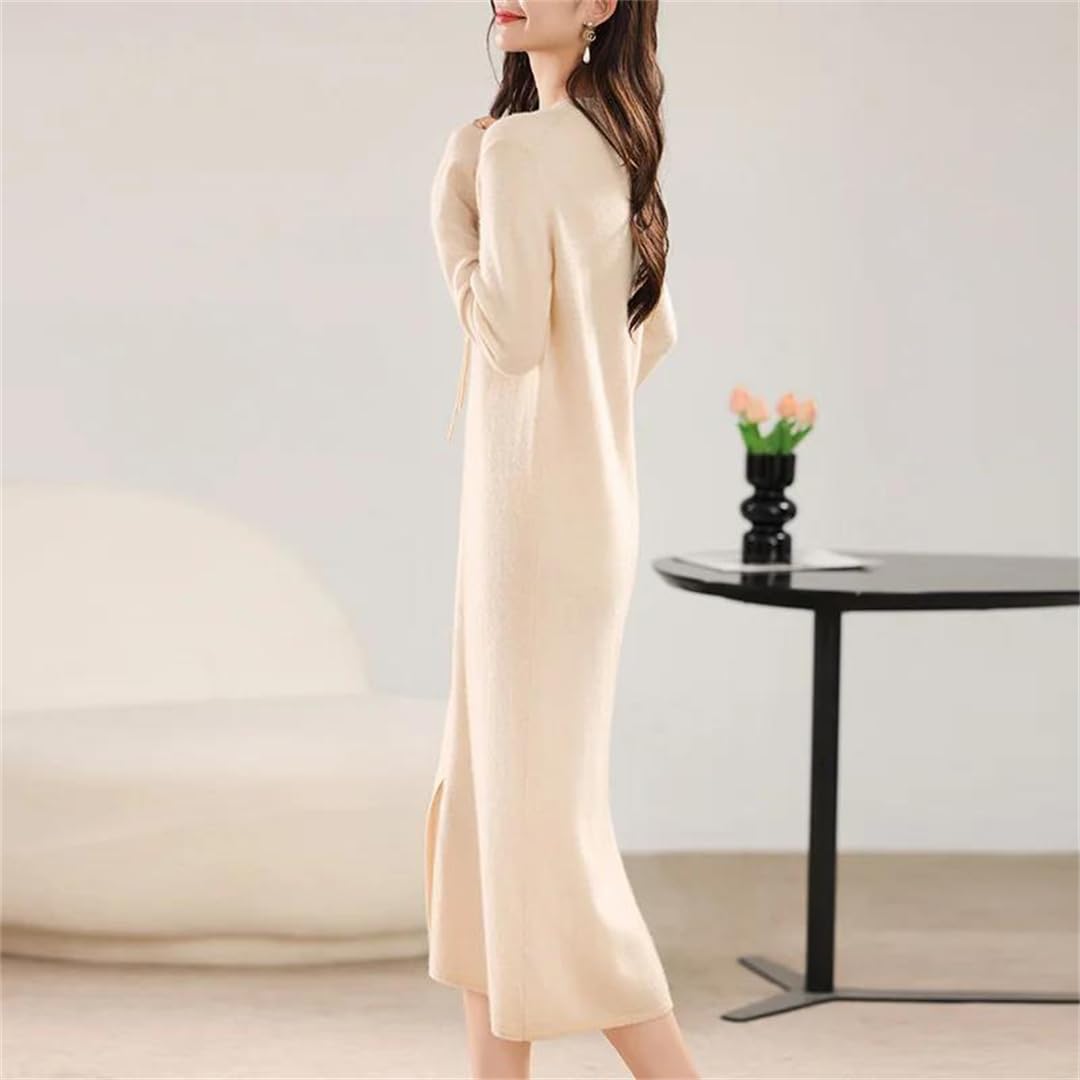 Abito da donna in maglia di lana con scollo a V ampio abbottonato manica midi abito caldo autunno inverno, beige-XL