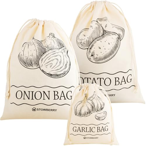 STOWBERRY Vegetable Storage Bags Set of 3 Reusable Eco-Friendly Cotton Bags for Potato Onion & Garlic with Drawstring Closure Breathable & Durable Vegetable Storage for Kitchen Organisation