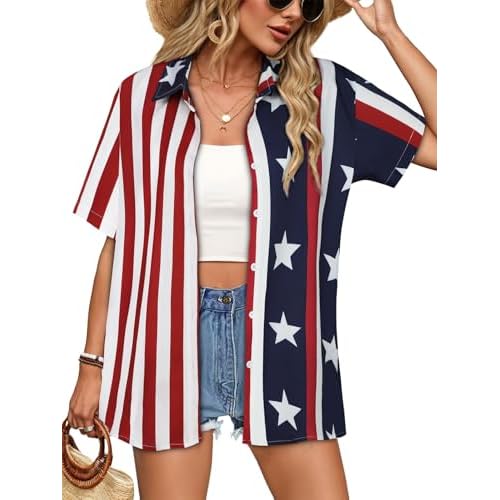 Women Hawaiian Shirt Button Down Summer Tops Beach Cool Short Sleeve V Neck Blouse Small Flag Navy White Star