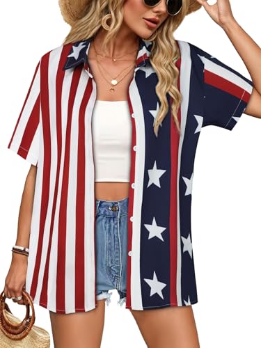 Image of Women Hawaiian Shirt Button Down Summer Tops Beach Short Sleeve Blouse