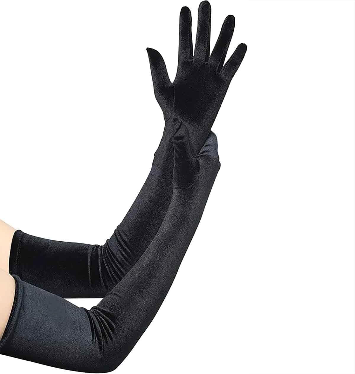 Long Velvet Elbow-Length Gloves for Women - Opera Style Satin Gloves, Black Bridal Wedding Dress Gloves, Flapper Party Evening Accessories