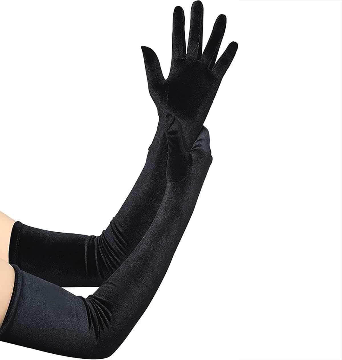 Long Velvet Elbow-Length Gloves for Women - Opera Style Satin Gloves, Black Bridal Wedding Dress Gloves, Flapper Party Evening Accessories