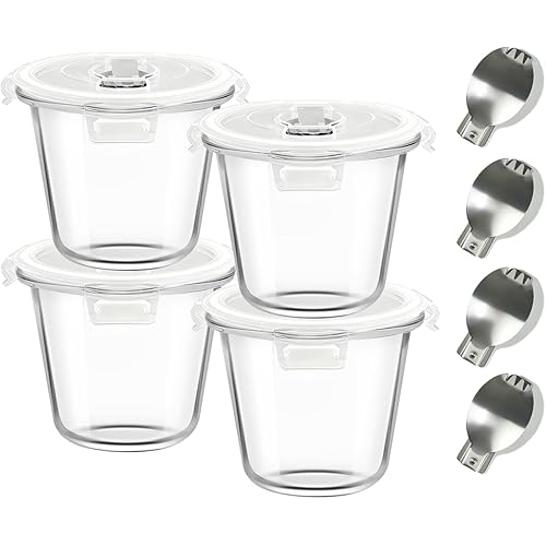 H.JSS WDJS 24oz Round Glass Meal Prep Containers with Lids and Spoons, 3Cup Glass Food Storage Containers Set, BPA-Free Round Food Bowls for Soup, Leftover, Microwave, Dishwasher, Fridge Safe (4-Pack)