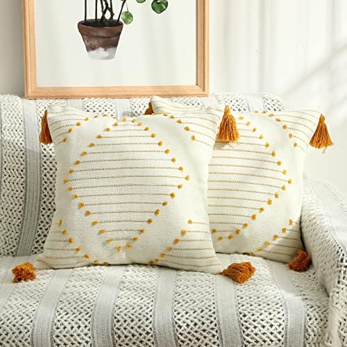 Boho Throw Pillow Covers Set of 2 Soft Morocco Decorative Tufted Woven Neutral Accent Cushion Covers Farmhouse Square Tribal Textured Outdoor Home Decor Pillow Cases for Couch Bedroom Living Room