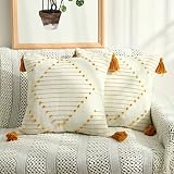 Boho Throw Pillow Covers Set of 2 Soft Morocco Decorative Tufted Woven Neutral Accent Cushion Covers