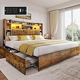 DWVO King Bed Frame with Bookcase Headboard and 4 Storage Drawers, RGB LED Lights Bed with Type-C & USB Charging Station Storage Headboard Bed Frame, No Box Spring Needed, Noise Free, Rustic Brown