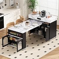 Bladez Keukeneiland met wieltjes, uittrekbare eettafel met afneembaar tafelblad, bartafel met opbergruimte, laden en vier vakken, dressoir voor keuken en eetkamer (walnoot-F