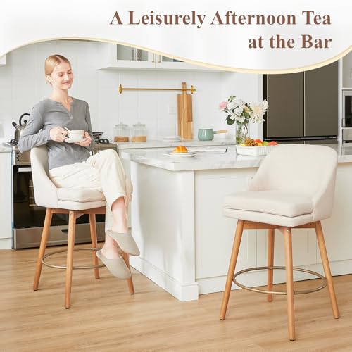 Image of kinmars Modern Bar Stools Set of 2,Swivel Counter Height Bar Stools with Soft Upholstered Back,Thick Seat,Wooden Legs, 27 inch Counter Stools for Kitchen Island (Sand, 2 Pieces - 27 inch Counter Height)