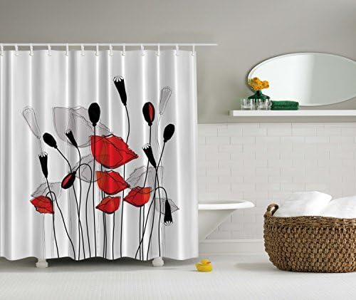 Blooming Flowers Poppy Poppies Floral Bouquet Garden Branches Carnation Clove Blossom Sprout Delicate Lovely Buds Relaxation Digital Print Fabric Black Red and White Shower Curtain