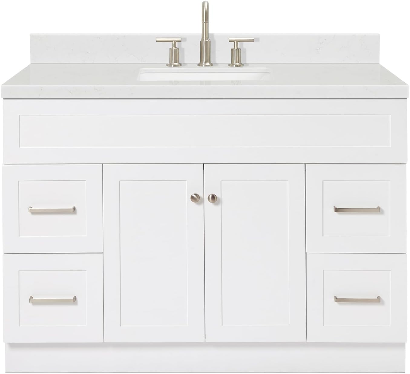 ARIEL Hamlet 48-inch Bathroom Vanity with Sink,Solid Wood, 1.5-inch Carrara White Quartz Countertop & Backsplash, Single Rectangular Porcelain Sink, 2 Soft Closing Doors, 4 Dovetail Drawers, White