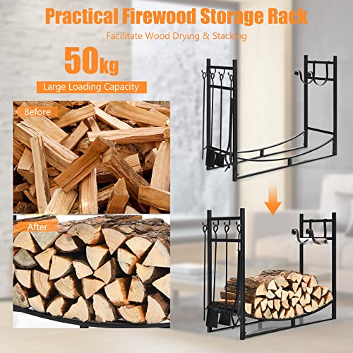 TANGZON Firewood Rack, Heavy Duty Steel Fireplace Log Holder with Fireplace Tool Set, Indoor Outdoor Log Storage Stacking Stand (90 x 33 x 77 cm)