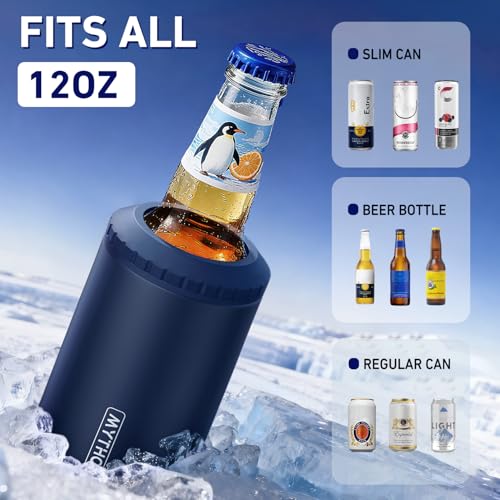 Image of 3 in 1 Slim Can Cooler for 12 OZ Skinny Can, Regular Can & Beer Bottle - Keep Cold for 6 Hours - Double Walled Insulated Stainless Steel Vacuum Beverage Can Insulator (Navy Blue)