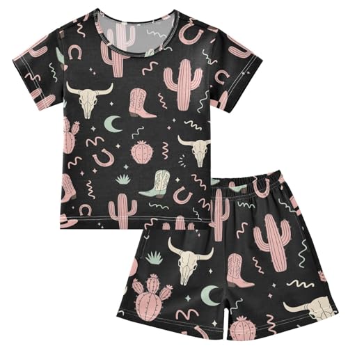 Pajama Short Sets Western Themed Seamless Pattern Design_1 Soft Cotton Summer Sleepwear 2 Piece PJS Size 5-14T