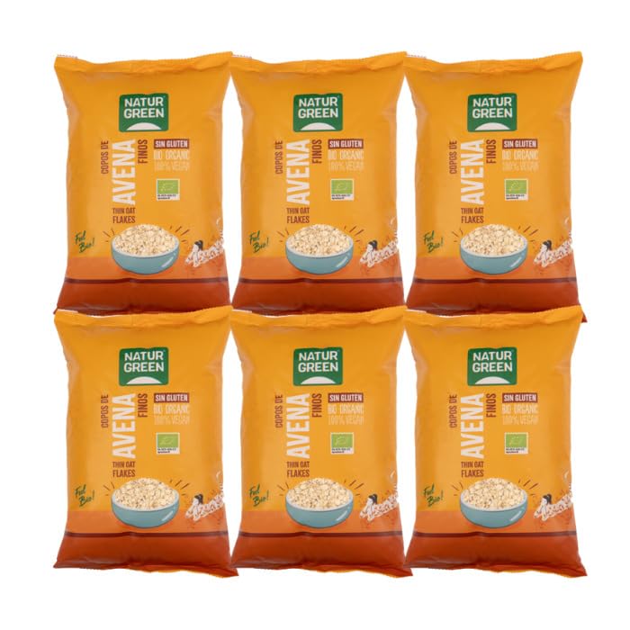 NaturGreen - Copos De Avena Finos, Avena Sin Gluten Bio, Integral, Ideal para Desayuno, 100% Ecológico - 1Kg, Pack 6 unidades