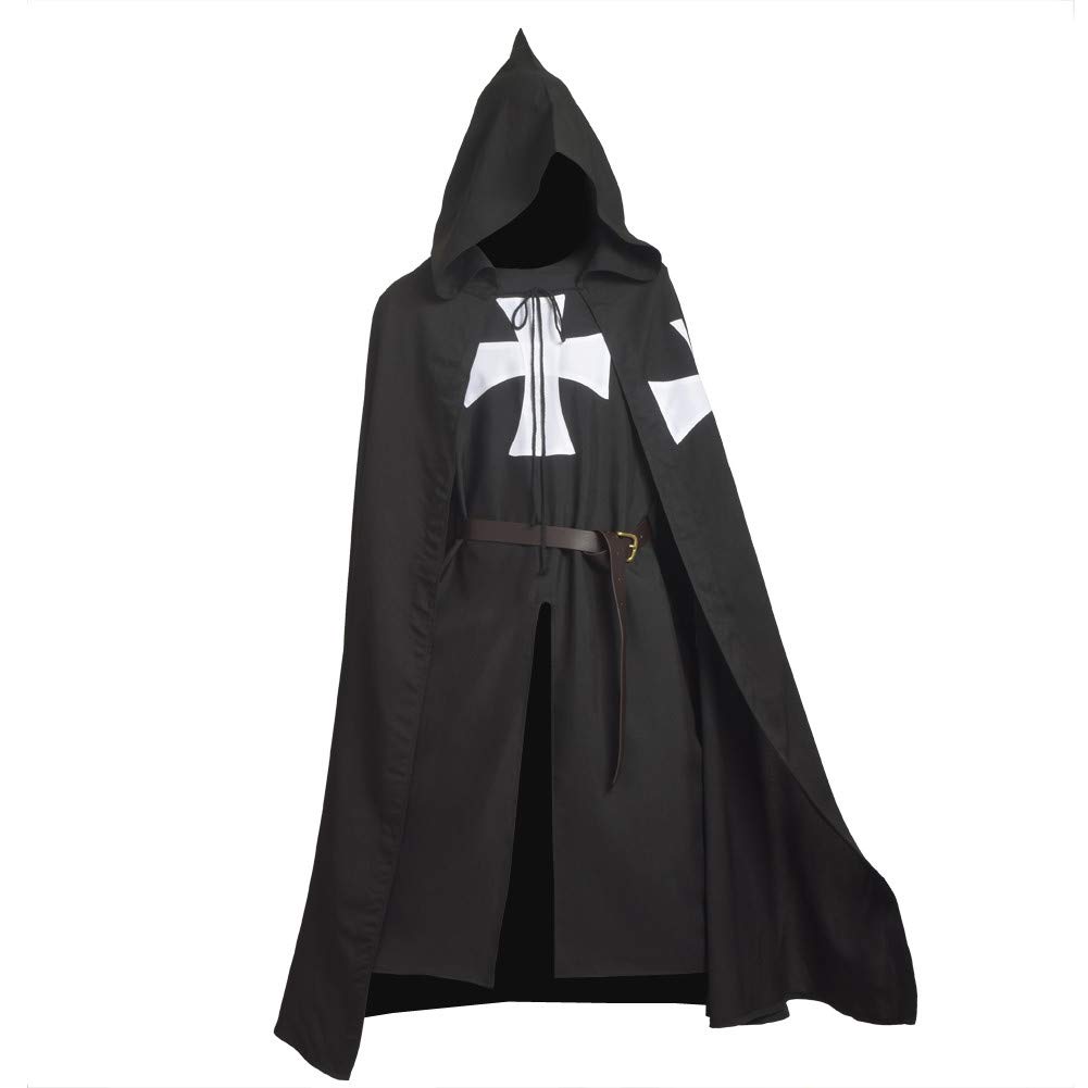 BLESSUME Medieval Templar Knights Costume Tunic with Cloak and Belt (Black1)