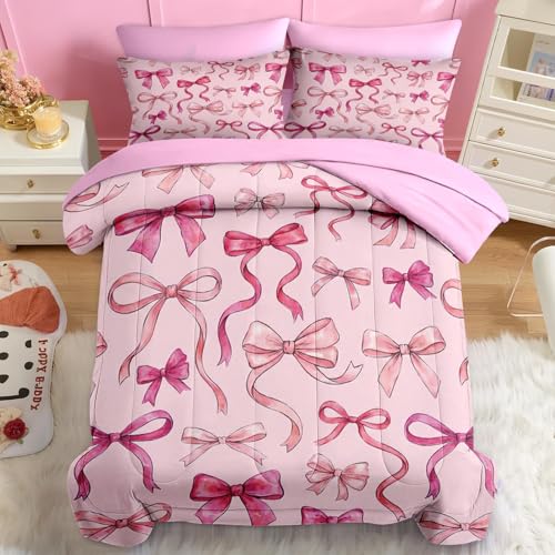 Image of Nesker Bow Comforter Set Full Size, 7 Pieces Bed in a Bag, Pink Watercolor Bow Bedding Set for Girls, Coquette Bows Comforter Set with 2 Pillowcases & 2 Shams
