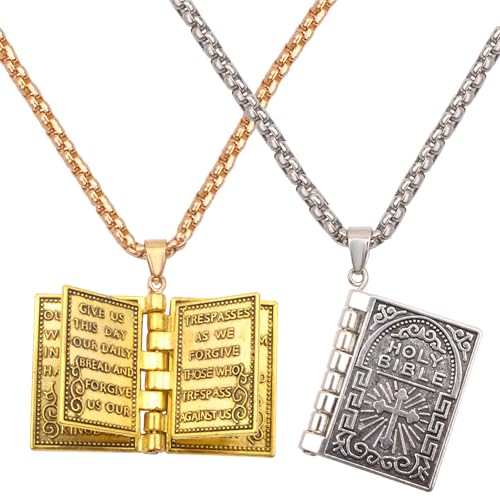 2pcs Holy Bible Book Pendant Necklaces Openable Prayer Bible Verse Metal Pages Inside Vintage Religious Christian Necklace Jewelry for Men Women Christmas