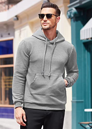 Coofandy Men's Hooded Sweatshirt Long Sleeve Fashion Gym Athletic Hoodies Solid Plaid Jacquard Pullover With Pocket Grey Xx-Large #TOP1