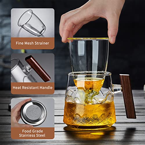 Dopudo Gloriette Glass Teacup With Infuser And Lid, 570Ml/19Oz Large 3-Piece Glass Tea Mug With Embossing Landscape Pattern, Big Tea Cup With Wood Handle For Loose Leaf Tea #TOP3