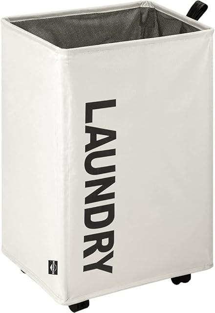 DOKEHOM X-Large Laundry Basket with Leather Handle on Wheels (4 Colors), Collapsible Laundry Hamper, Foldable Clothes Organizer, Folding Washing Bin (Beige, L)